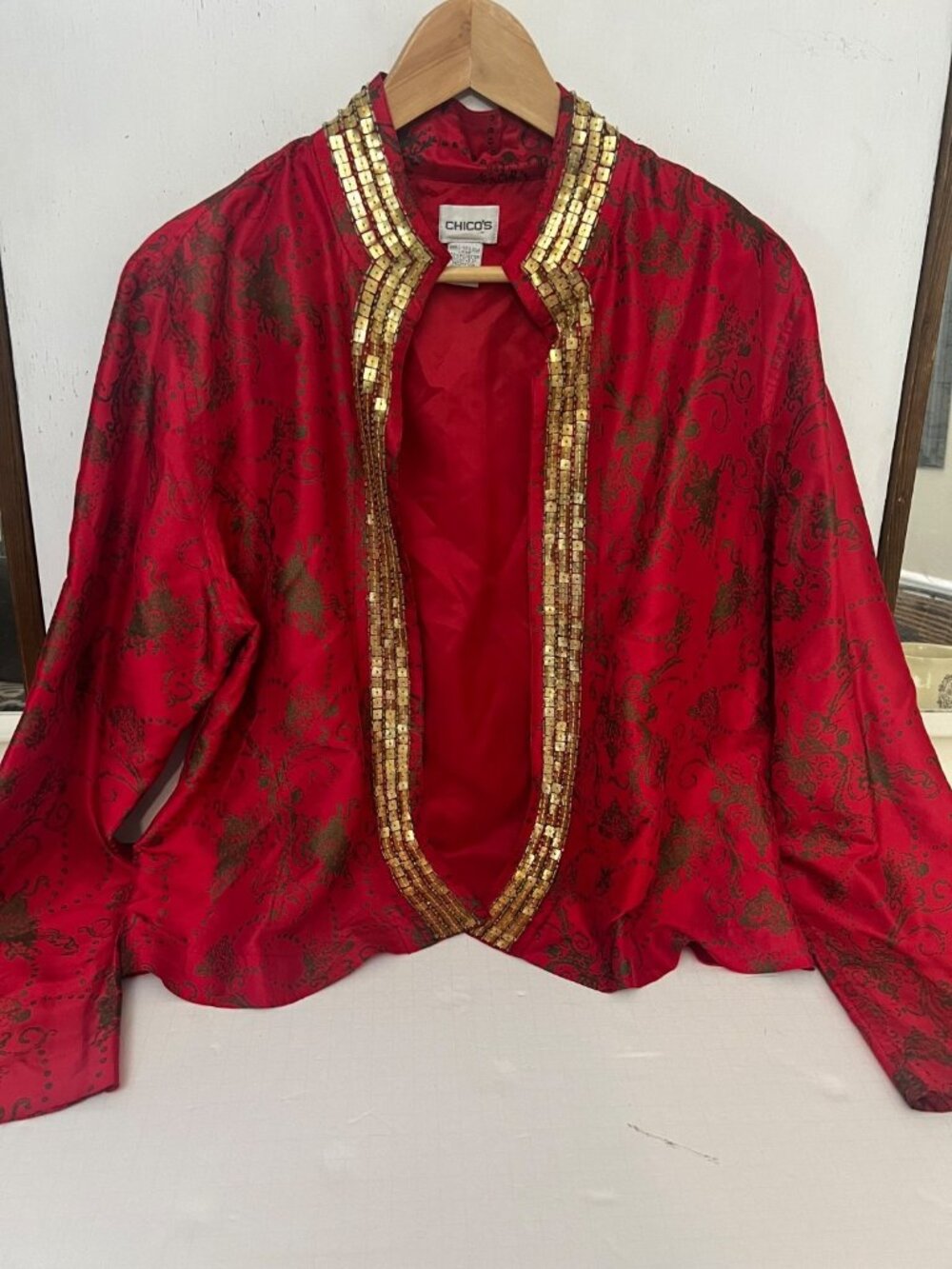 Chico’s Red Silk Open Front Jacket Blazer Cardigan Size 2 US Large L.   Gg